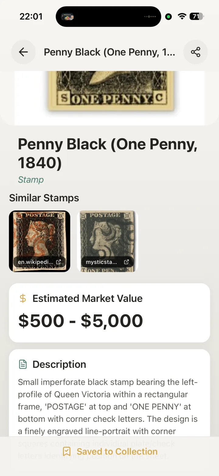 Stamp Identifier displays a Penny Black detail page with similar stamp thumbnails, an estimated market value box, and descriptive text